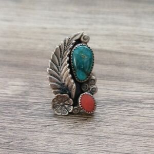 Silver Turquoise and Coral Ring